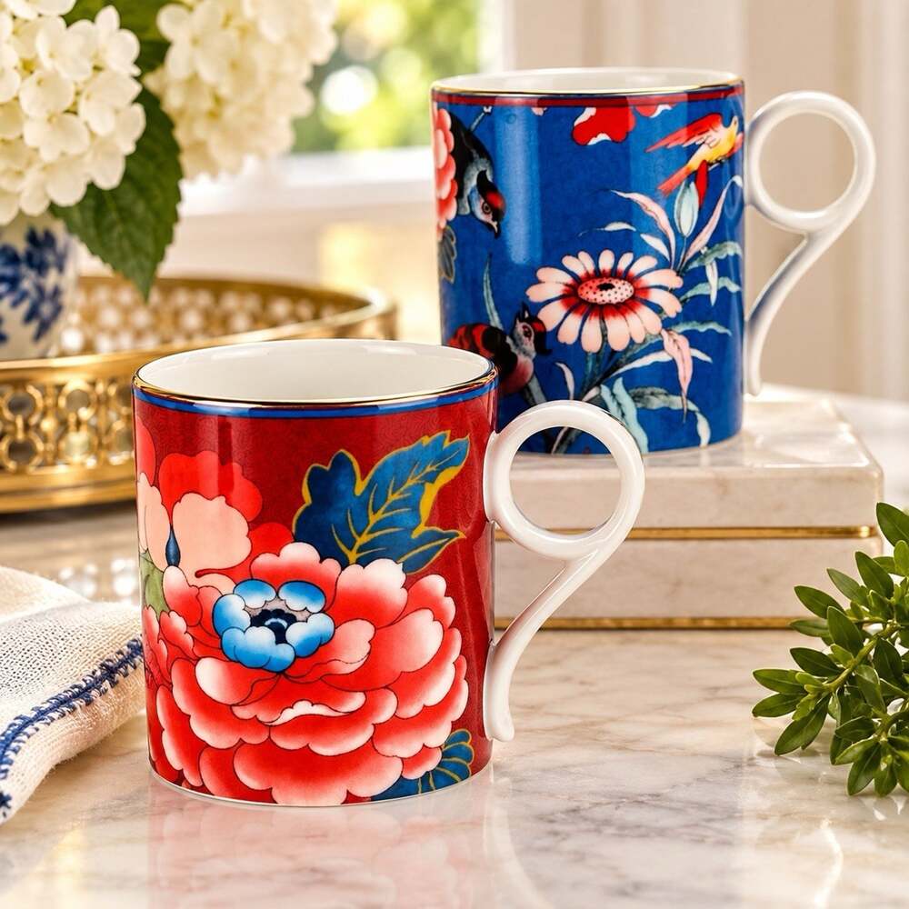 Wedgwood Paeonia Blush Bone China Mugs Set of 2 Red Blue Floral Rare Pattern